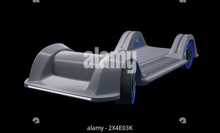 Illustrazione in 3D di una piattaforma modulare per auto con pneumatici futuristici senza aria. Foto Stock
