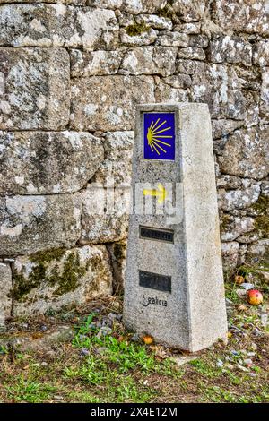 Spagna, Galizia. Uno dei tanti chilometri segnati lungo il cammino di Santiago Foto Stock