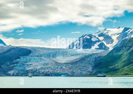 USA, Alaska, Glacier Bay National Park. Ghiacciaio Reid e navi da crociera. Foto Stock