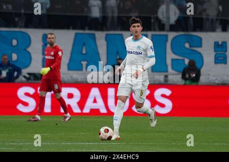 Leonardo Balerdi (Olympique de Marseille) durante la semifinale di UEFA Europa League partita di andata tra l'Atalanta Bergame e l'Olympique de Marseille all'Orange Vélodrome di Marsiglia. Foto Stock