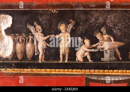 Affresco di Pompei - dettaglio dagli affreschi murali della villa di Vettii, risalente al i secolo d.C.; sito patrimonio dell'umanità dell'UNESCO, Pompei Italia Foto Stock