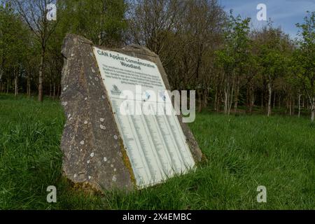 Una targa di pietra in un Memorial Wood a St Ives Estate, Bingley. I nomi di coloro che hanno fatto piantare un albero in loro memoria sono elencati sulla targa. Foto Stock