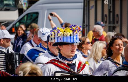 Un fisarmonicista del Blue Ribbon indossa un cappello con campanelli e cowslips per il festival "Obby 'Oss", un evento popolare annuale che si tiene il giorno di maggio a Padstow, Cornovaglia Foto Stock