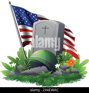 Memorial Day o Veterans Day, sepoltura con lapidi e illustrazione della bandiera USA Illustrazione Vettoriale