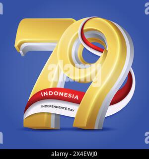 Felice 79° giorno dell'indipendenza dell'Indonesia con design a numeri d'oro Illustrazione Vettoriale