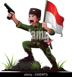 Icona del 79° giorno dell'indipendenza dell'Indonesia con l'eroe indonesiano che indossa uniformi verdi dell'esercito Illustrazione Vettoriale