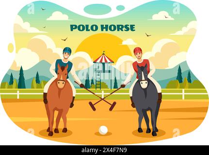 Illustrazione del vettore sportivo del cavallo-polo con il giocatore che cavalca il cavallo e tiene il bastone Usa l'attrezzatura impostata su Concorso in piano sullo sfondo del cartone animato Illustrazione Vettoriale