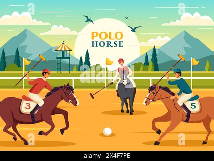 Illustrazione del vettore sportivo del cavallo-polo con il giocatore che cavalca il cavallo e tiene il bastone Usa l'attrezzatura impostata su Concorso in piano sullo sfondo del cartone animato Illustrazione Vettoriale