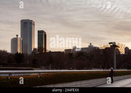 Un uomo giapponese più anziano ammira la vista serale dei grattacieli, tra cui la Tokyo Opera City Tower (l'edificio più alto sulla sinistra) Tokyo, Giappone Foto Stock