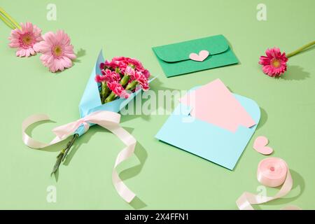 Un piccolo bouquet di garofani con gerbera, rotolo di nastro e graziose buste fatte a mano esposte su sfondo verde. Decorazione per la giornata delle donne, copia spac Foto Stock