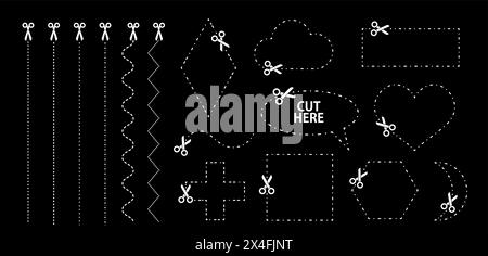 Set di forbici con linee di taglio. Collezione vettoriale di diverse forme geometriche con tratti tratteggiati e forbici che tagliano la carta dai vari Illustrazione Vettoriale