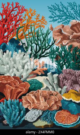 Una colorata scena subacquea con piante marine e coralli Illustrazione Vettoriale