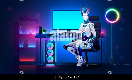 Robot 3d Woman con IA ha usato un computer seduto alla scrivania. Una ragazza cyborg è seduta sulla sedia di un computer sul monitor di un potente PC desktop con schermo vuoto. Illustrazione Vettoriale