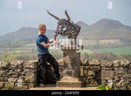 Scottish Borders, Regno Unito. 2 maggio 2024. 2 maggio 2024 Meteo, Arti Brandon Beck è un fabbro di successo con sede negli Scottish Borders, ma anche uno scultore di talento. Nella foto, con la sua ultima creazione di un drammatico busto di una mucca delle Highland realizzato con ferro di cavallo forgiato e rimodellato. Le sue opere saranno esposte alla mostra d'arte Art in Antrim, che si tiene questo fine settimana festivo ad Ancrum, negli Scottish Borders. Nella foto, si indossano i ritocchi finali prima che i lavori si svolgano alla mostra di questo fine settimana ad Ancrum. Crediti immagine: phil wilkinson/Alamy Live News Foto Stock