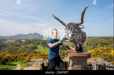 Scottish Borders, Regno Unito. 2 maggio 2024. 2 maggio 2024 Meteo, Arti Brandon Beck è un fabbro di successo con sede negli Scottish Borders, ma anche uno scultore di talento. Nella foto, con la sua ultima creazione di un drammatico busto di una mucca delle Highland realizzato con ferro di cavallo forgiato e rimodellato. Le sue opere saranno esposte alla mostra d'arte Art in Antrim, che si tiene questo fine settimana festivo ad Ancrum, negli Scottish Borders. Nella foto, si indossano i ritocchi finali prima che i lavori si svolgano alla mostra di questo fine settimana ad Ancrum. Crediti immagine: phil wilkinson/Alamy Live News Foto Stock