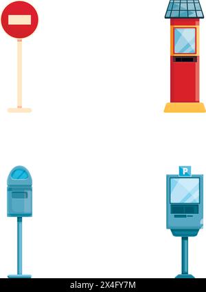 Le icone di parcheggio impostano il vettore dei cartoni animati. Parcheggi urbani. Infrastrutture di trasporto Illustrazione Vettoriale