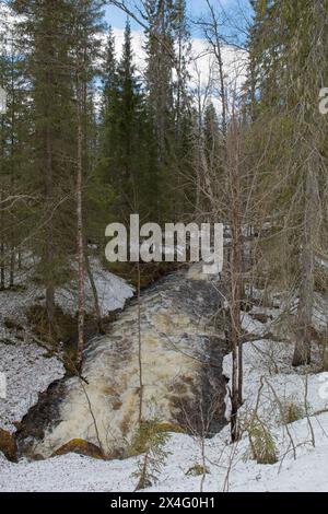 Ruscello che collega il lago Julma-Ölkky al lago Ala-Ölkky in primavera, al parco nazionale Hossa, Suomussalmi, Finlandia. Foto Stock