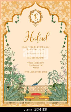 Haldi Night Wedding Invitation Card. Design tradizionale indiano Mughal Wedding Holud Night Invitation Card con albero tropicale, arte Pichwai. Illustrazione Vettoriale