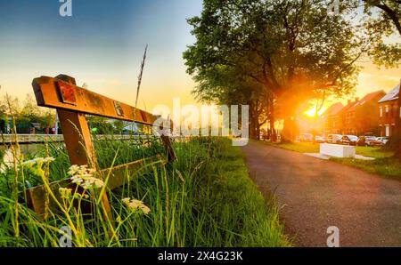 Questa immagine cattura l'essenza di una tranquilla serata suburbana, mostrando un sentiero fiancheggiato da erba lussureggiante e fiori selvatici, con una rustica barriera in legno in primo piano. Il sole che tramonta diffonde una calda luce soffusa, migliorando l'atmosfera delle ore d'oro. Alberi maturi lungo il sentiero e auto parcheggiate suggeriscono un'area residenziale, mentre i raggi del sole creano una scena pittoresca e invitante. Tramonto sul sentiero suburbano: Calda luce serale con barriera di legno. Foto di alta qualità Foto Stock