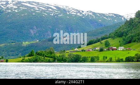 Tradizionale villaggio norvegese giù per la collina del fiordo circondato da una foresta verde su montagne coperte di neve Foto Stock