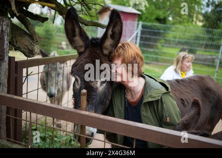 Heusweiler, Germania. 2 maggio 2024. Una donna coccola la testa contro un asino. Un gruppo di anziani visita il centro degli asini di Neumühle, dove possono infarcare, spalmare e coccolare gli asini. Crediti: Oliver Dietze/dpa/Alamy Live News Foto Stock