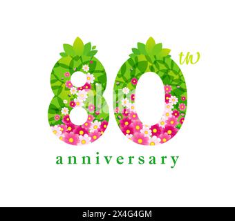 Felice 80° anniversario carino numero estivo. Sfondo organico naturale con maschera di ritaglio isolata. Fino a 80 sconti eccezionali. Creatività Illustrazione Vettoriale