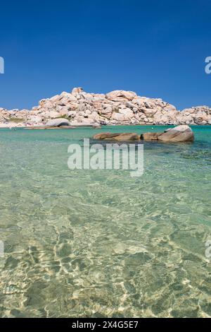 Riserva naturale delle Isole Lavezzi, Corsica del Sud, Francia. Vista sulle acque turchesi poco profonde di Cala Lazarina, l'isola di Lavezzu. Foto Stock