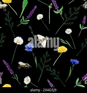 Motivo ad acquerello floreale senza cuciture con fiori da giardino: Camomilla, dente di leone, fiordaliso, salvia, ape. Disegnato a mano in acquerello per imballaggi, tessuti, Foto Stock