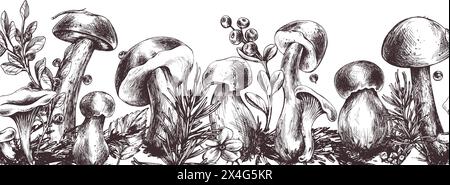 Funghi forestali commestibili, bolo, mirtilli con mirtilli e mirtilli, foglie, abete e coni. Illustrazione grafica, disegnata a mano con colore marrone Illustrazione Vettoriale