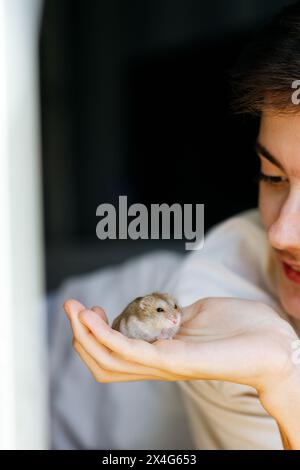 Attenzione selettiva al criceto a portata di mano del bambino. Foto Stock