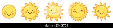 Set di sole carini. Emoticon estive alla luce del sole. Sole sorridente con raggi solari personaggio dei cartoni animati isolato su sfondo bianco Illustrazione Vettoriale