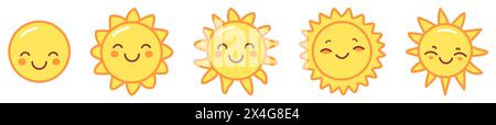 Set di sole carini. Emoticon estive alla luce del sole. Sole sorridente con raggi solari personaggio dei cartoni animati isolato su sfondo bianco Illustrazione Vettoriale