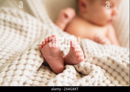 Primo piano dei piedi del neonato, avvolto in una coperta Foto Stock