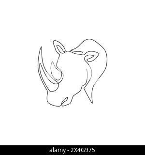 Un disegno continuo della testa di rinoceronte bianco forte per l'identità del logo aziendale. Concetto di mascotte di rinoceronte africano per il safari dello zoo nazionale. Si Illustrazione Vettoriale