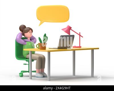 Illustrazione in 3D della sorridente ragazza asiatica Renae Business dipendente annoiata al lavoro. Concetto di vita lavorativa in ufficio. Rendering 3D su sfondo bianco. Foto Stock