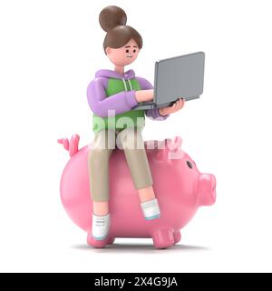 Illustrazione 3D della ragazza asiatica Renae seduta con notebook su fondi Piggy Bank isolati su sfondo bianco illustrazione 3D. Gruppo di persone 3D. Foto Stock