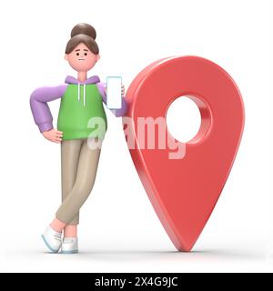 Illustrazione 3D della ragazza asiatica Renae con smartphone in piedi vicino al segno GeoPoint Mobile Navigation Concept isolato su sfondo bianco. 3D persone coll Foto Stock