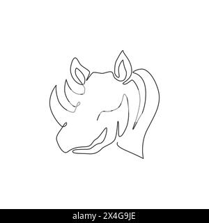 Un disegno a una sola linea della testa di rinoceronte forte per l'identità del logo del parco nazionale di conservazione. Concetto di mascotte di rinoceronte africano per gli zoo nazionali Illustrazione Vettoriale