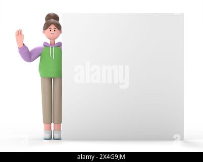 Illustrazione in 3D della ragazza asiatica Renae con mano in su, si trova dietro il poster vuoto, isolato su sfondo bianco. Moderno design minimalista dei personaggi dei cartoni animati Foto Stock