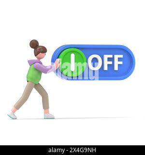 Illustrazione 3D di una ragazza asiatica Renae se ne va. Premere un pulsante. Illustrazione 3D con design piatto. Isolamento sullo sfondo.rendering 3D su backgroun bianco Foto Stock