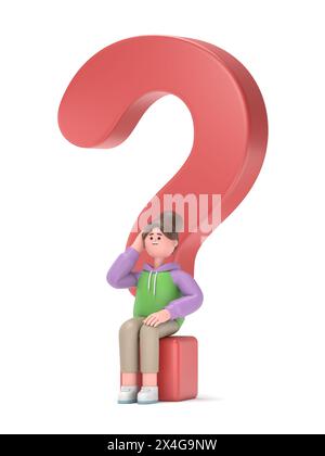 Illustrazione 3D della ragazza asiatica Renae contemplata e confusa. Concetto di incertezza dell'illustrazione 3D, pensiero, domande, design dei personaggi dei cartoni animati Flat Foto Stock