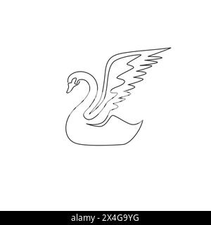 Un disegno continuo di splendidi cigni per l'identità del logo dell'organizzatore di matrimoni. Adorabile mascotte animale d'oca per un elegante invito al matrimonio Illustrazione Vettoriale