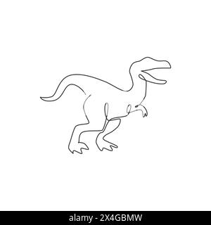 Un disegno continuo di un animale aggressivo raptor per l'identità del logo. Concetto di mascotte dei dinosauri per l'icona del museo preistorico. Linea singola dinamica d Illustrazione Vettoriale