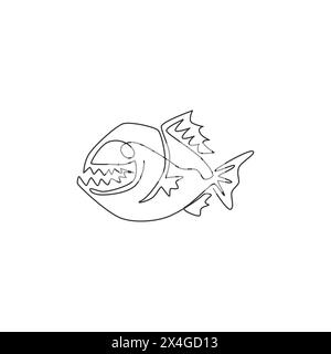 Un disegno su una sola linea di piranha arrabbiato per l'identità del logo. Il concetto di mascotte di pesce del fiume Amazzone per l'icona di creature mostruose. Disegno grafico a linea continua d Illustrazione Vettoriale