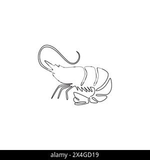 Disegno a linea singola continua di gamberi grandi per un'identità del logo dei frutti di mare sani. Concetto di mascotte di gamberi per l'icona del ristorante cinese. Una linea disegna graphi Illustrazione Vettoriale