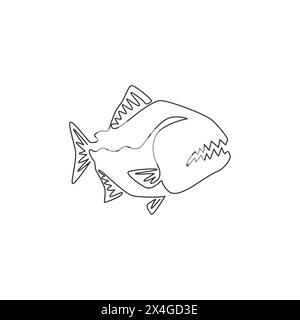 Un disegno continuo di piranha pericoloso per l'identità del logo. Il concetto della mascotte dei pesci mostruosi per l'icona pericolosa del fiume. Disegno a linea singola Illustrazione Vettoriale