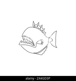 Disegno a linea singola continua di piranha selvaggio e feroce per l'identità del logo. Il concetto della mascotte dei pesci mostruosi per avvisare l'icona del segnale del fiume pericoloso. Un li Illustrazione Vettoriale