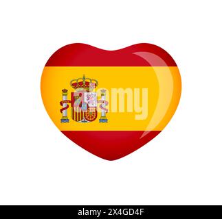 Icona 3D cute Heart con bandiera spagnola e maschera di ritaglio. Concept del logo Travel. Benvenuto in Spagna simbolo creativo. Design del biglietto d'auguri. Sfondo delle vacanze Illustrazione Vettoriale