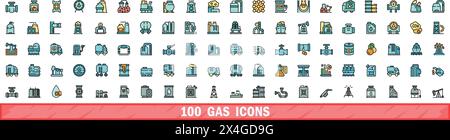 100 set di icone gas. Linea di colore Set di icone vettoriali del gas linea sottile colore piatto su bianco Illustrazione Vettoriale