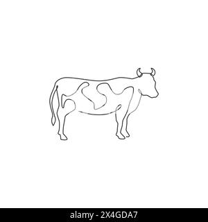 Un disegno su una sola riga di una mucca grassa per l'identità del logo dell'allevamento. Il concetto di mascotte di animali mammiferi per l'icona del bestiame. Disegno a linea continua V Illustrazione Vettoriale